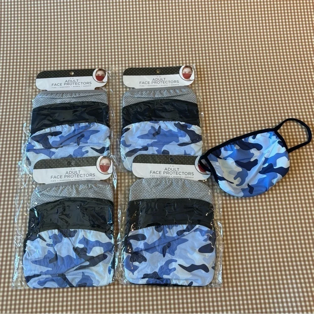 4 pack of Reusable adult size face masks. 12 MASKS. NEW. Camouflage. Dots. Solid